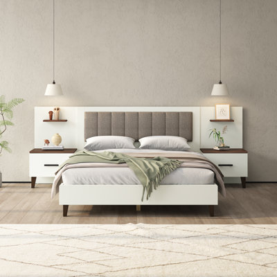 Eddie Wooden Bed With 2 Nightstands & Upholstered Headboard