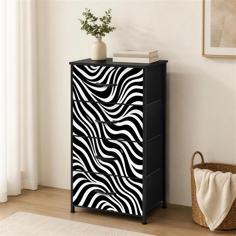 4-Drawer Dresser for Bedroom Black White Zebra Wavy Abstract Optical Effect Small Tall Clothes Dresser for Closet Organizers with Chest of Drawers Fabric Storage Bins Dressers