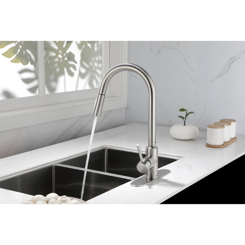 Robinet de cuisine en nickel brossé avec bec rétractable - Acier inoxydable, buse pivotante à 360 ° pour un débit d'eau uniforme, contrôle de la température et du débit à une seule poignée, surface de corrosion rétractable rotative optimale
