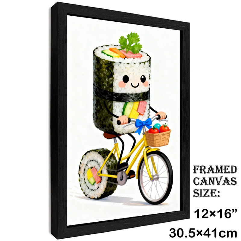 Art encadré noir, joli rouleau de riz et légumes sur un vélo de riz et légumes, impression encadrée de style rétro