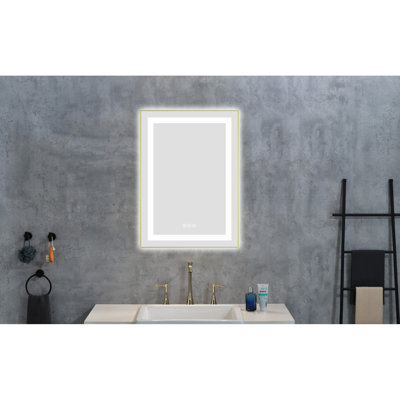 Miroir mural mural de 20 po x 28 po pour la salle de bain, avant et rétroéclairé, cadre en aluminium brossé doré, brouillard, 3 couleurs, mémoire, gradation continue, température de couleur de la salle de bain avec fixation, températures,