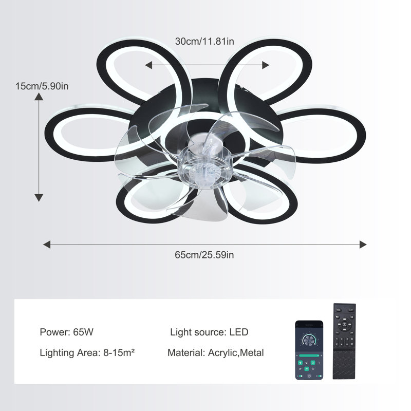 Ventilateur de plafond réversible 25,59 "à 6 vitesses DEL avec lumière et télécommande