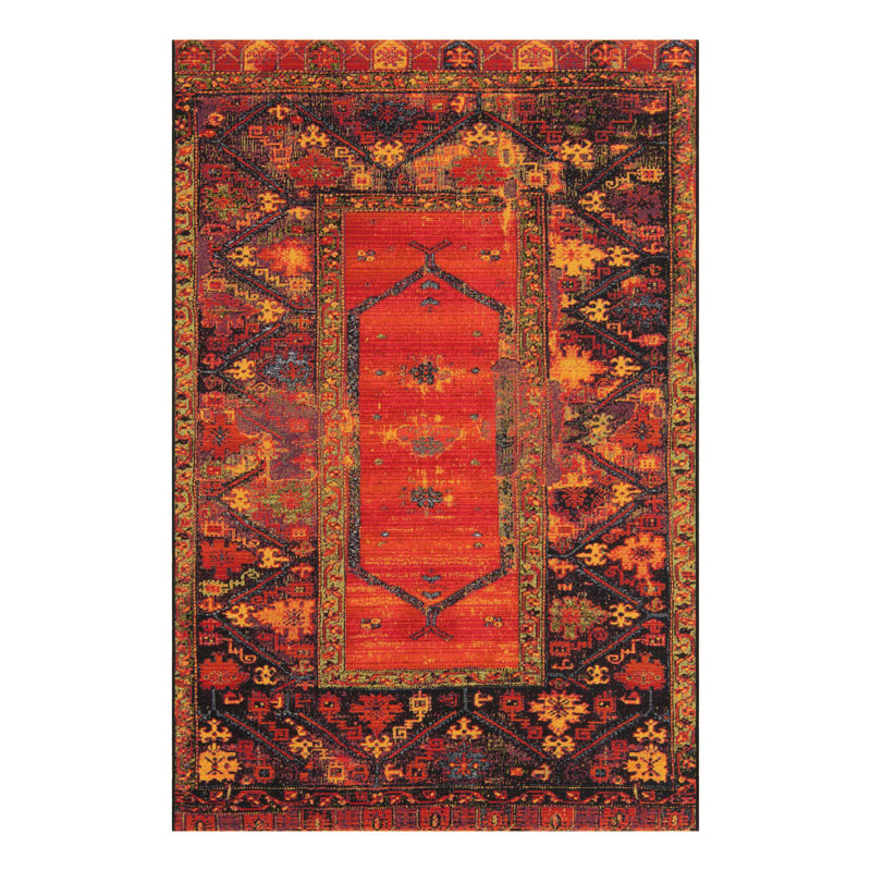 Tapis oriental rouge / jaune / noir intérieur / extérieur Gurrola, Rectangle 4pi x 6 pi