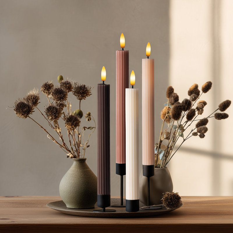 WYZworks Coordinated Chocolatey Mocha Brown 4 Pack Set, 10" LED Flameless Fluted Ribbed Grooved Taper Candles, Remote & Timer Memory, On/Off Button, Dimmable, Battery Operated, Menorah Wedding
