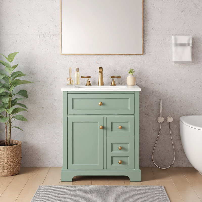 Meuble-lavabo 24 po avec lavabo en céramique, 3 tiroirs et armoire avec porte de rangement à 2 niveaux, porte à fermeture en douceur, design moderne pour petites et moyennes salles de bain, vert