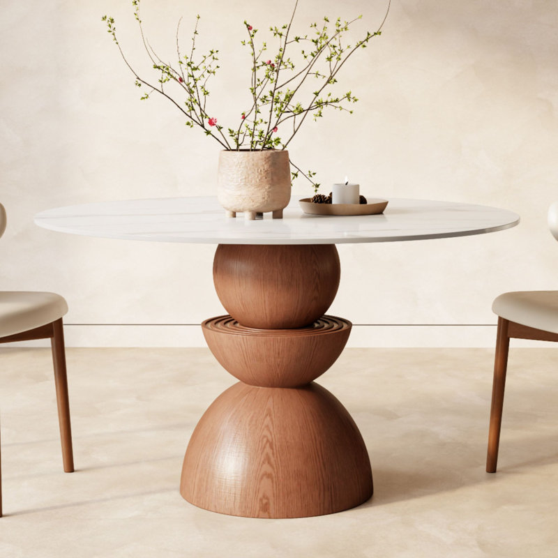 Dining Room Kitchen Table Round Conlon 39", Scratch-resistant Stone Top & Solid Wood Base, White, 29.53"H x 39.3"L x 39.3"W
