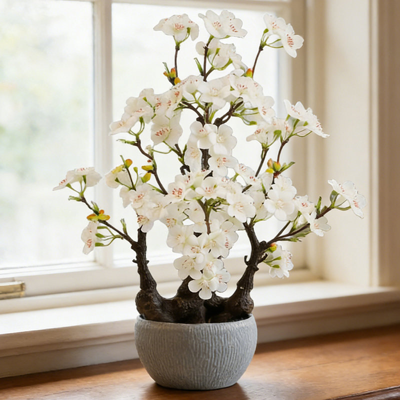 18" Artificial White Cherry Blossom Tree With Lifelike Flowers, Faux Bonsai Tree In Decorative Pot