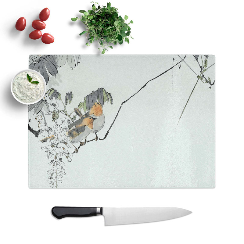 Tempered Glass Two Sparrows by Watanabe Seitei Chopping Board, 28.5 cm W x 20 cm L