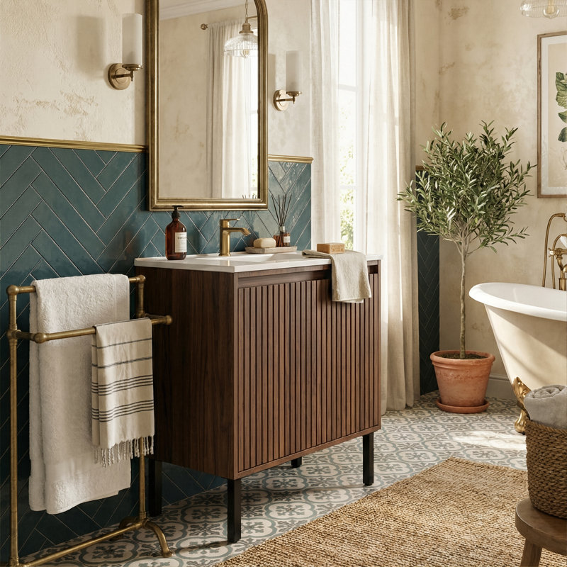 30" Modern Floor-Standing Bathroom Vanity With Ceramic Sink, Soft-Close Drawers & Sturdy Base, Walnut, 29"
