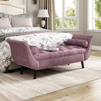 Purple Upholstered Velvet Bench With 2 Removable Pillows, Solid Wood Legs And Diamond Button - For Bedroom Seating Experience Pattern Focal Point Setting