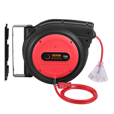Retractable Extension Cord Reel, 75 FT, Heavy Duty 14AWG/3C SJTOW Retractable Power Cord with Lighted Triple Tap Outlet, 13 Amp Circuit Breaker 180° Swivel Bracket for Ceiling or Wall Mount