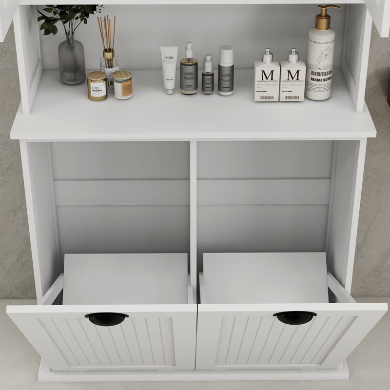 Stable White Laundry Sorter Cabinet With Removable Bags And Shelves Basket Space Feature, White