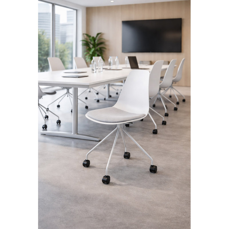 Chaise de travail de bureau moderne Julana avec siège rembourré en tissu, coussin rembourré et base en métal roulante, Blanc