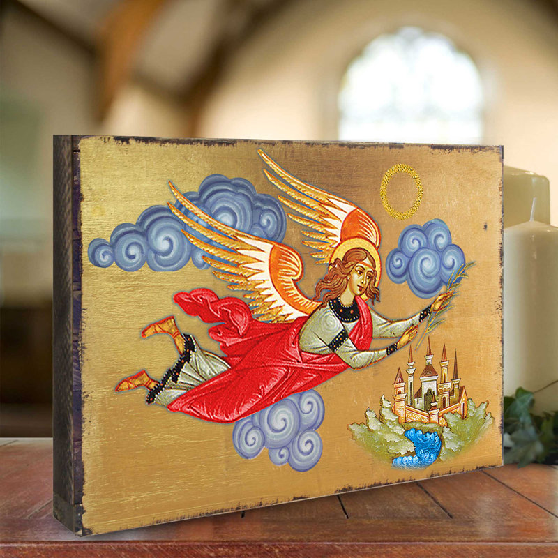 Icône d'ange volant - peinture sur bois, H 9 po x l 12 po