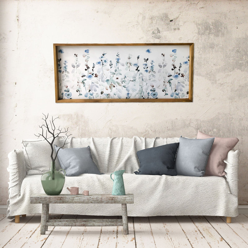 Soft Blue Floral Garden Watercolor Canvas with Pine Frame