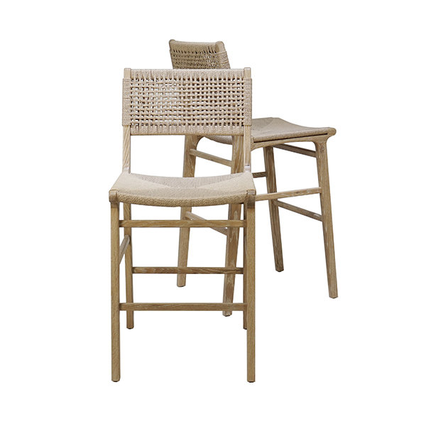 Carson Woven Back Bar Stool with Rush Seat, Cerused Oak