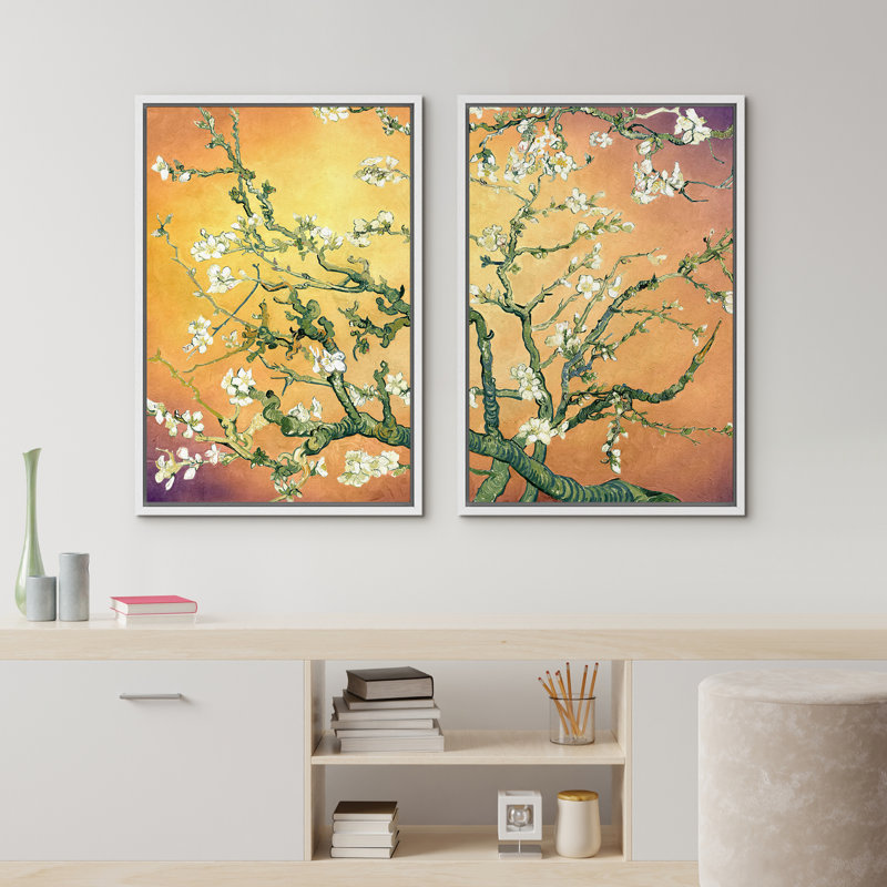 «Amandier en fleurs» par Vincent van Gogh, H 36 po x l 48 po x P 1,5 po, Dégradé de pêche doré, Cadre blanc