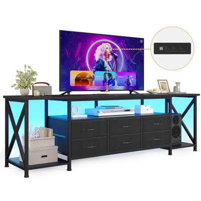 63" Tv Stand With Led Lights And Power Outlets, For Tvs Up To 80 Inches, 6 Fabric Drawers Entertainment Center With Open Storage Shelves by Wrought Studio