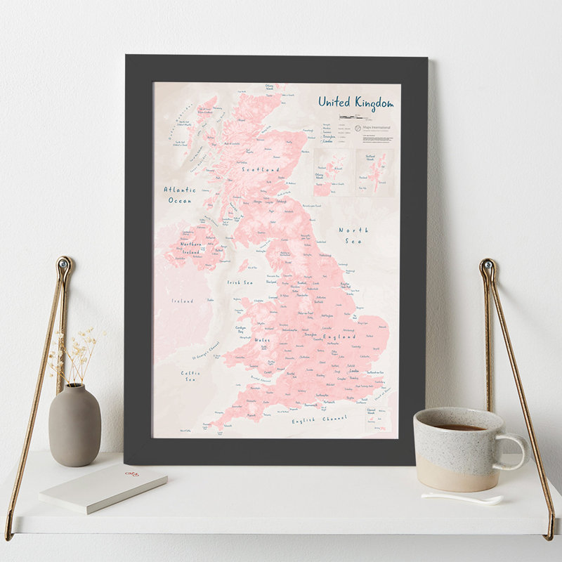 UK As Art Map - Blush - Print, 45cm H x 32.7cm W x 5cm D, Black Framed