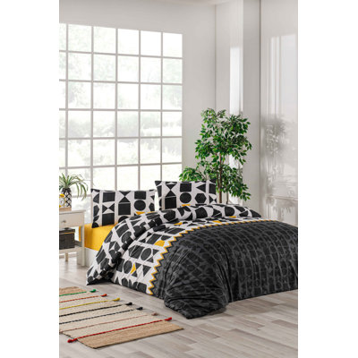100% Cotton Ranforce Single Quilt Cover Set, Black/Yellow/White, Duvet Cover 55.1 x 78.7 inches & Pillowcase 23.6 x 23.6 inches | Machine Washable, 132 Thread Count, Button & Envelope Closure | Stylish & Comfortable Bedding Set