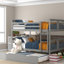 Lit superposé au-dessus d'un lit superposé gris avec lit gigogne et structure solide, polyvalente pour différents types de couchage, garde-corps en longueur en bois massif