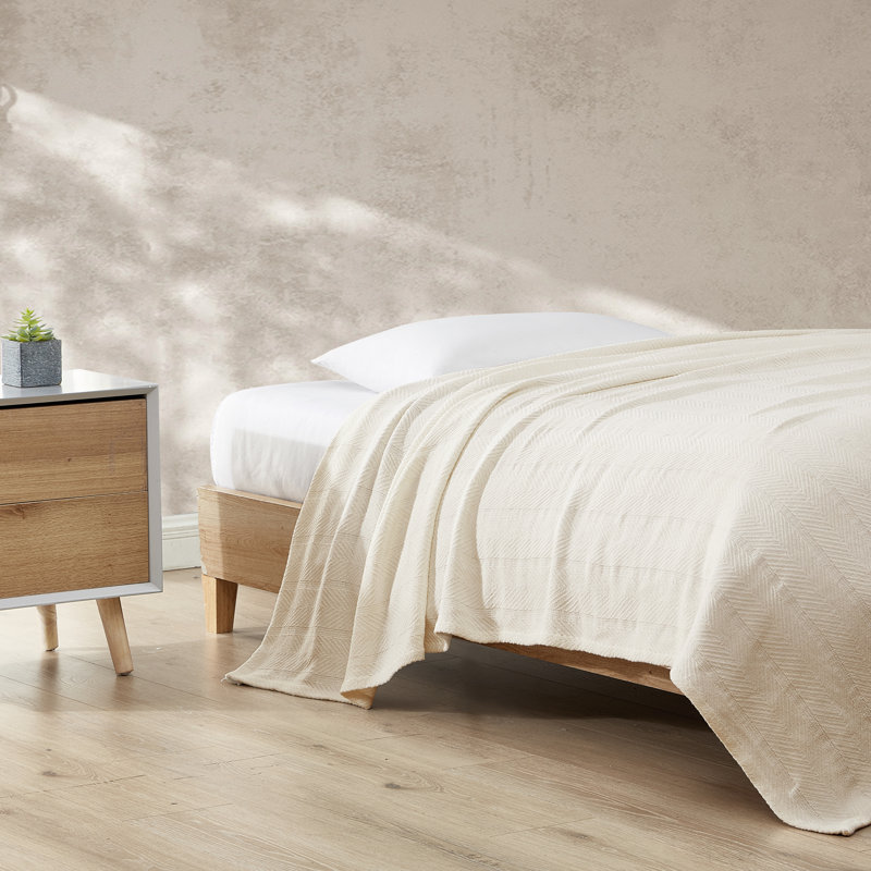 Herringbone Weave Cotton Twin Blanket in Bone - Reversible and Machine Washable