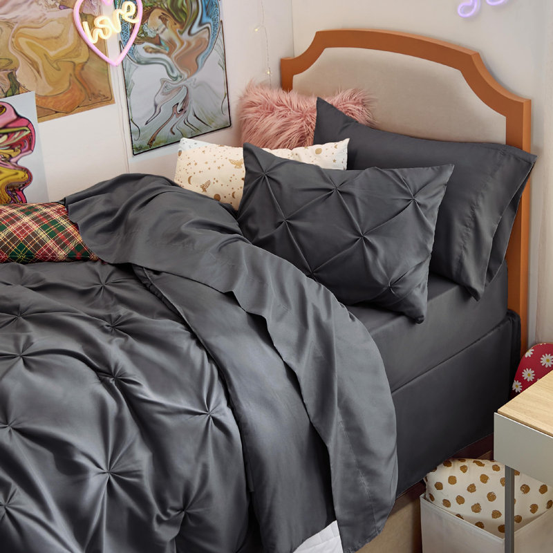 Bedsure Twin Pintuck Bed-in-a-Bag- Dark Gray Pinch Pleat Comforter with Sheets, Pillowcases & Shams, Dark Gray