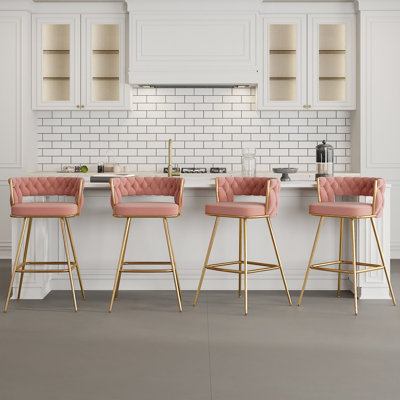 Abraham Bar Stools Set Of 4 Counter Height Velvet Upholstered Morden Barstools With High Backs 4 Metal Legs Chair For Kitchen Island Dining Room Bar by George Oliver