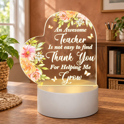 A “Thank You Thank You” present from students, this heart-shaped acrylic Teacher Appreciation lamp uses an LED base and suits team desks, classrooms, offices, or retirement gifting.