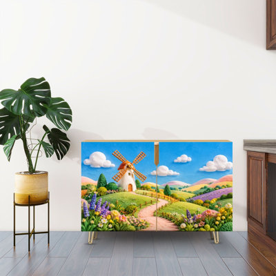 Buffet Buffet avec rangement Moulin à vent fantaisiste Paysage floral coloré journée ensoleillée avec 2 portes pour le salon et la cuisine