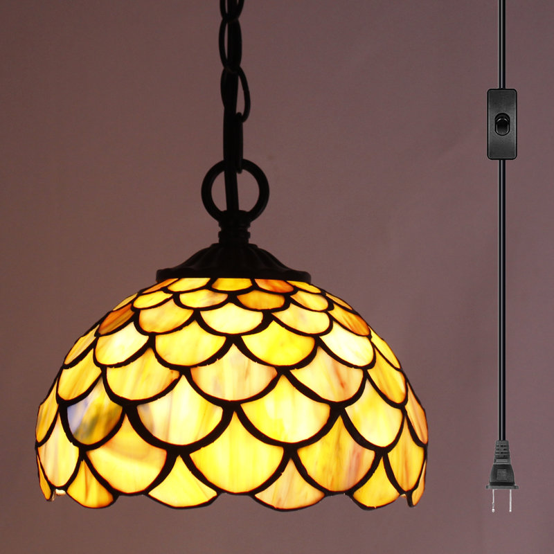 Small Tiffany Pendant Light Plug in Yellow Fish Scale Style Stained Glass Hanging Lamp