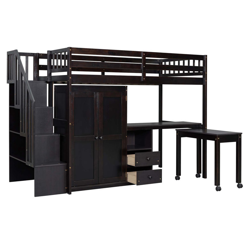 Lit mezzanine avec escalier, bibliothèque, tiroirs, bureau et garde-robe, Simple, Espresso