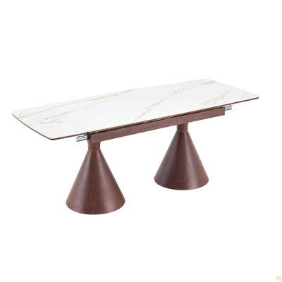 Extendable Stone-Top Dining Table: White marble-patterned tabletop with walnut-colored tapered metal legs. A modern, luxury-inspired rectangular dinin