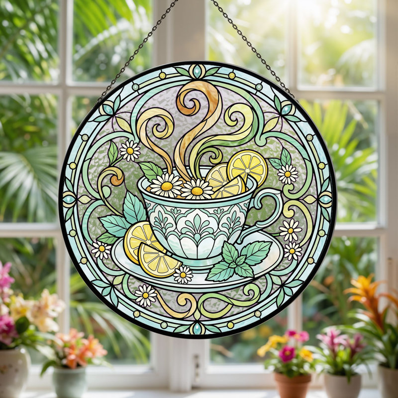 Panneau de vitrail de tasse à thé ， 12 po, H 12 po