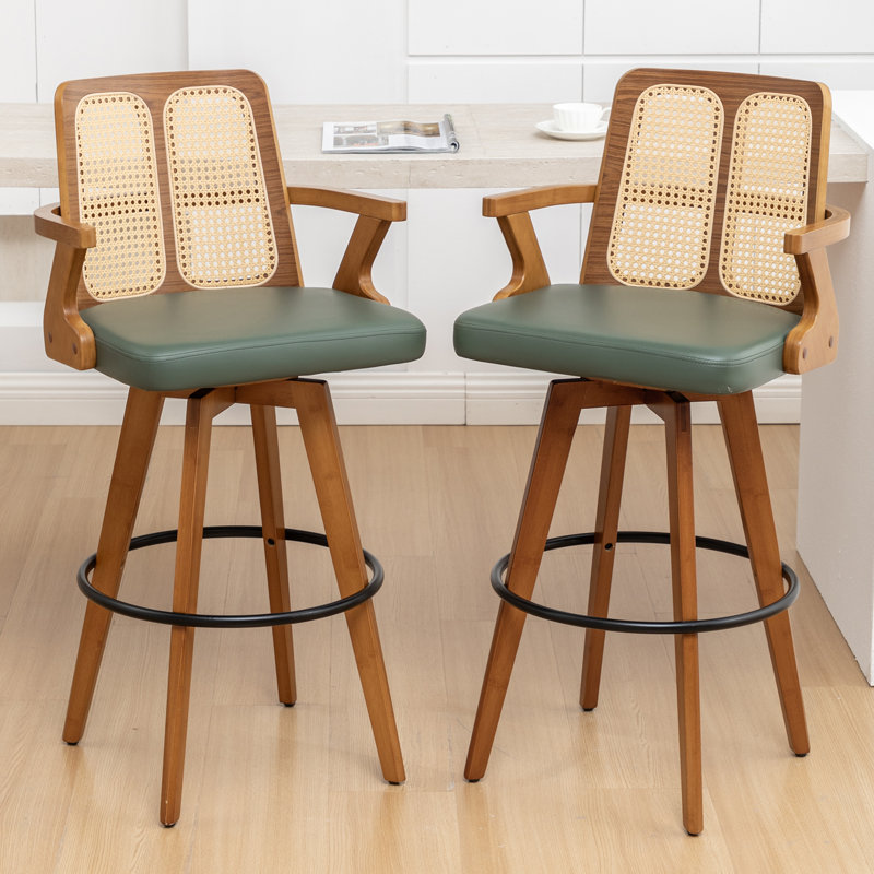 Modern Swivel Upholstered Cane Back Counter & Bar Stools, Green, Counter Stool (26” Seat Height)