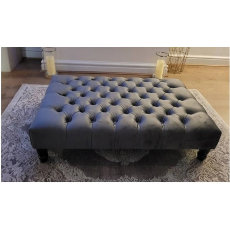 Soft Plush Fabric Chesterfield Footrest & Coffee Table With Wood Feet , Grey