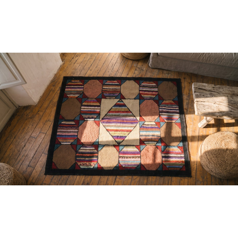 Antique Multicolor Wool 1920s American Hooked Small Scatter Size Rug