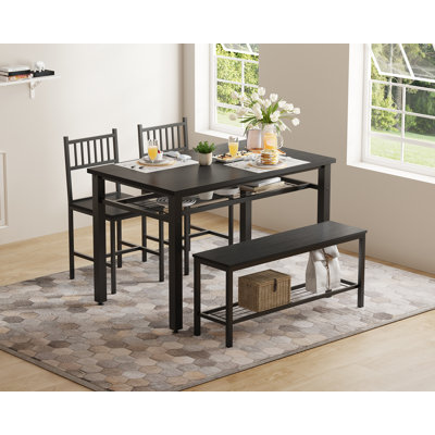 Modern 4-Piece Dining Table Set with Storage Bench & 2 Chairs – Space-Saving Table with Extra Shelves – Sturdy Metal Frame, Easy Assembly – Perfect for Small Apartments or Dining Rooms–Woodgrain Grey