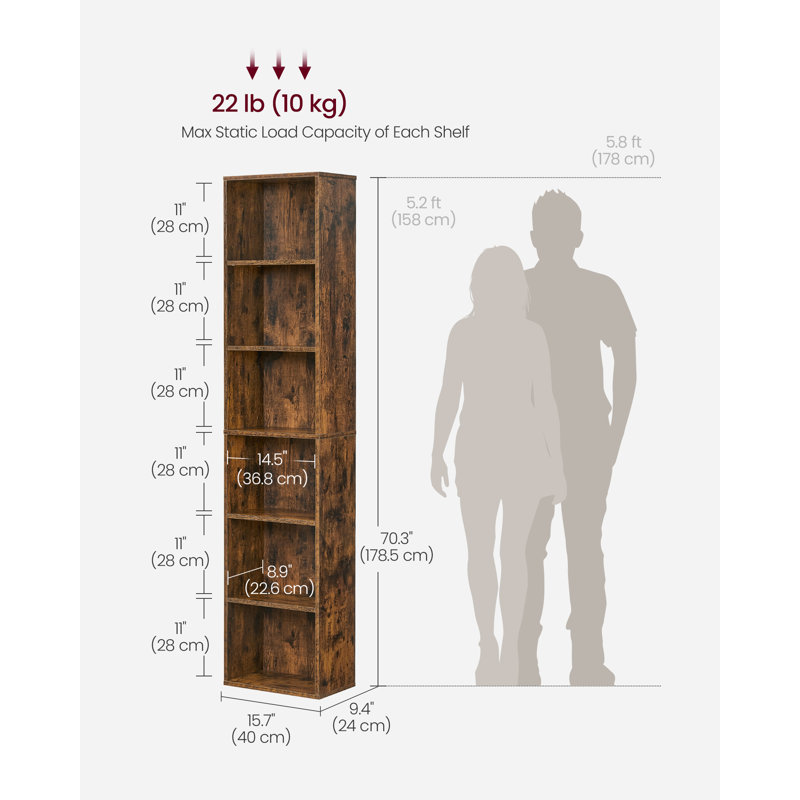 Pelak Bookcase, (6 Shelves) 178.5cm H x 40cm W x 24cm D, Rustic Brown