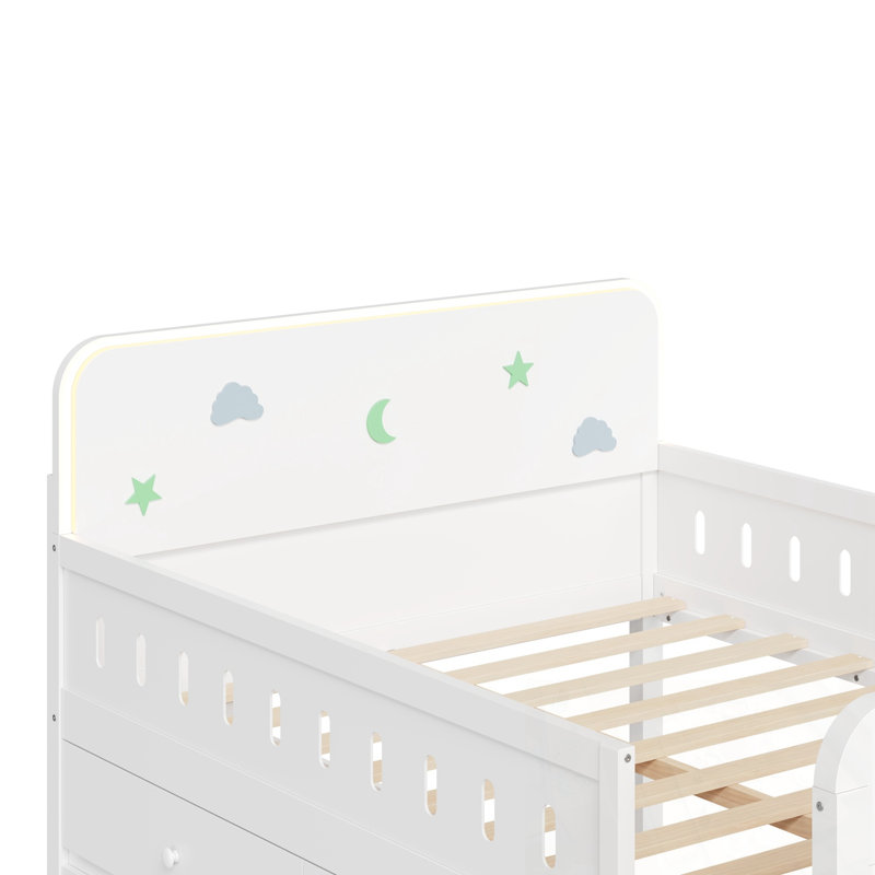 Lit double avec lumière DEL et tiroirs de rangement, Blanc