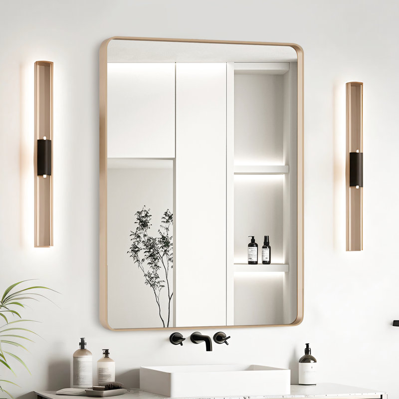 Miroir de salle de bain 24 po x 32 po avec cadre en aluminium doré - verre flotté HD pour une vue dégagée, alliage d'aluminium rouille, membrane résistante, fixation murale facile à fixer en Z à partir du verre, de la structure,