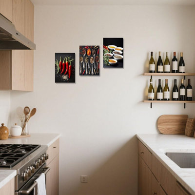 3 pièces d'épices, art mural sur toile pour décor de cuisine, piments rouges colorés et épices, peinture de nourriture pour restaurant (12 l x 16 l x 3)