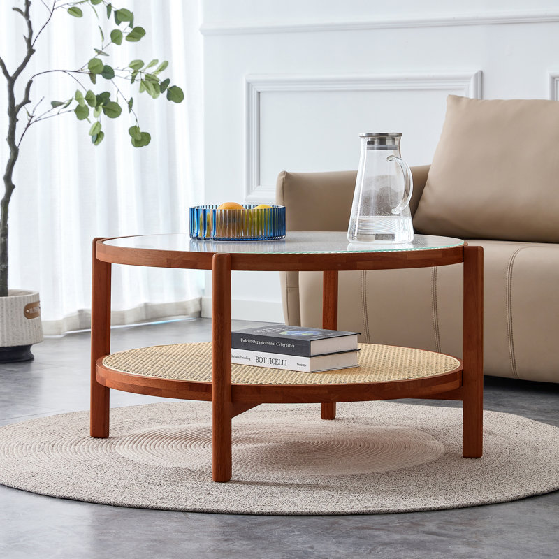 Table basse moderne et minimaliste circulaire en bois massif à double couche, plateau de table, matériau de la deuxième couche: structure en bois massif. 34,64 po x 34,64 po x 17,7 po