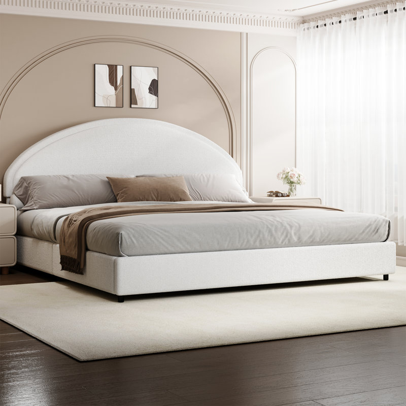 Cadre de lit tête de lit luxueuse en forme de courbe, lit plateforme tapissier élégant avec design moderne, Très grand lit
