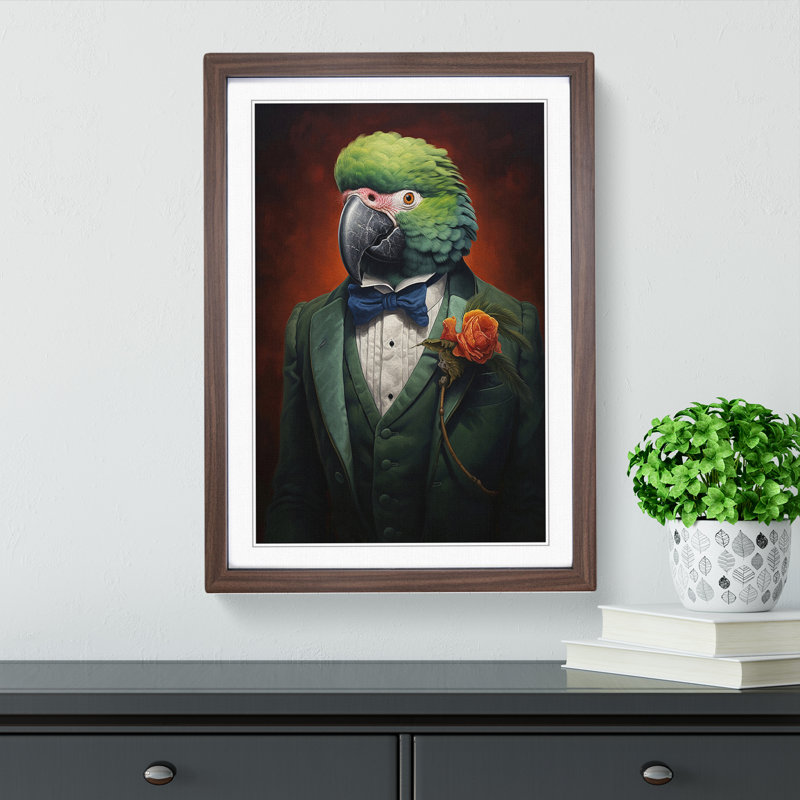 Parrot In A Suit - Single Picture Frame Print on Wood, 64cm H x 46cm W x 2cm D, Walnut