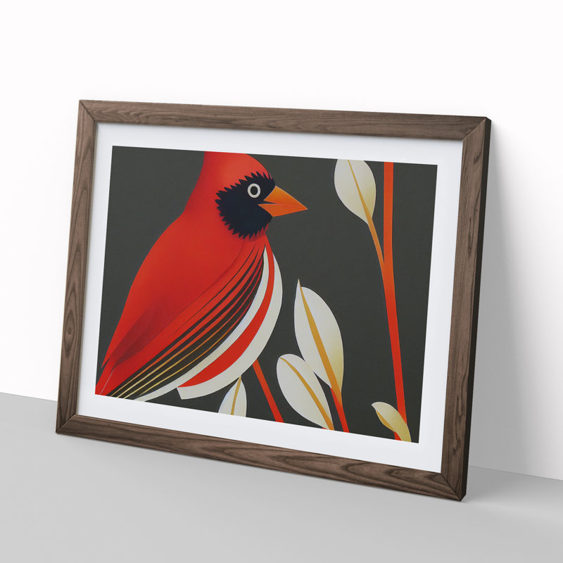 Cardinal Bird Deco - Single Picture Frame Print, 46cm H x 64cm W x 2cm D, Walnut Framed