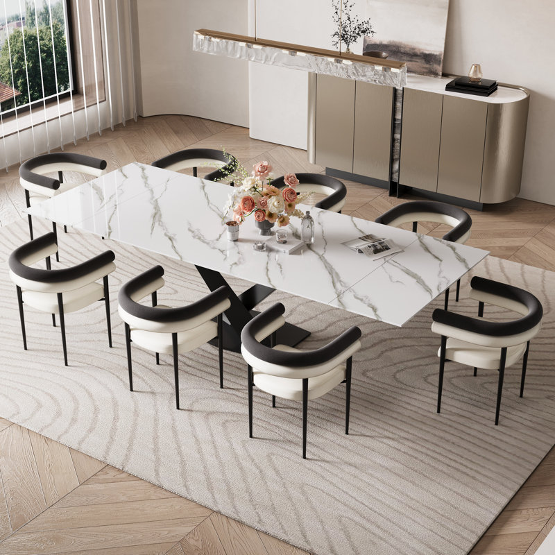 9 - Pieces Dining Table Set With 94.5'' Extendable Sintered Stone Top And Upholstered Armchair, Snowy Mountain White, Black