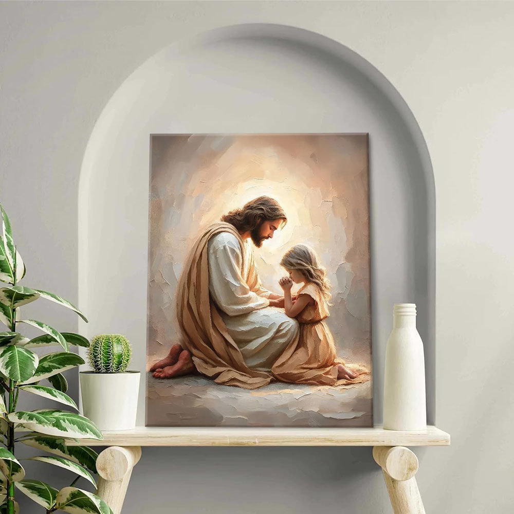 Jesus Praying With Girl Wall Art Jesus With Children Wall Decor Picture Religion Bible Stories Canvas Poster Print Artwork For Christian Girl Room Liv