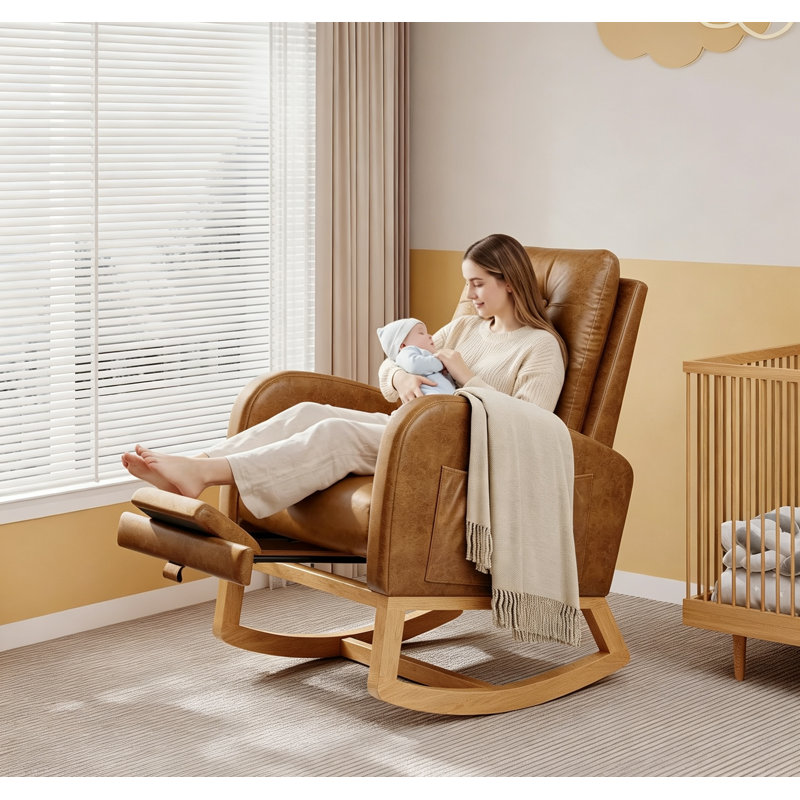 Fauteuil à bascule de 67,5 cm de large avec repose-pieds en bois massif, Polyuréthane orange avec repose-pieds