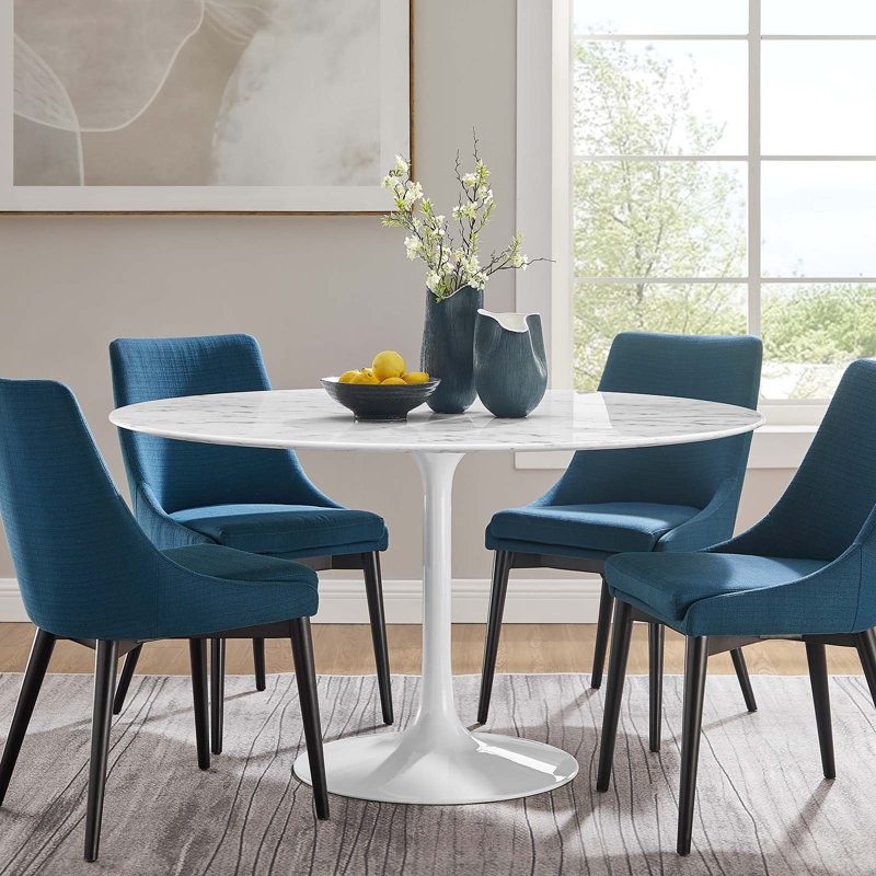 54" White Marble and Wood Round Dining Table